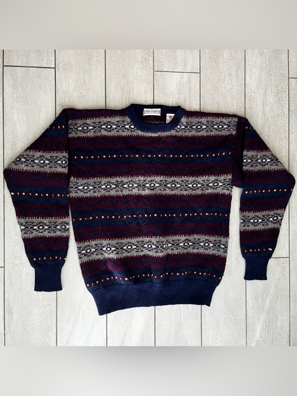 VTG 80s Shetland Wool Sweater Ski Snow Fair Isle Stripe Crew Neck Grandpa Men L